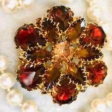 VTG Rhinestone Domed Brooch Pin Root Beer Amber Dk Red Dogtooth Unsigned Flaw 2” picture