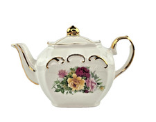 Sadler England Miniature Cubed Teapot White Ceramic Roses Gold Trim 2.75