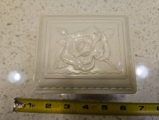 Vintage Milk Glass Trinket Box Peach Pink Base White Rose Lid Jewelry Dresser picture