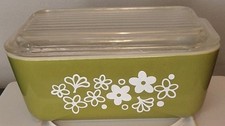 Vintage Pyrex 502 Spring Blossom Green Crazy Daisy Refrigerator Dish w/ Lid USA picture