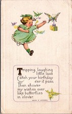 1916 Birthday Postcard Helen E. Jeffers Skipping Girl Butterflies Gift picture