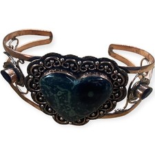 Chunky Green Heart Copper Tone Blue Rhinestone Elegant Festival Cuff Bracelet picture