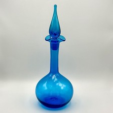 Vntg Blenko Genie Blue Glass Fluted Hand Blown Decanter Flame Stopper #37 1963 picture