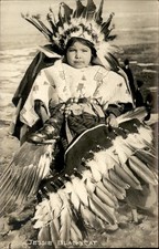 Native Indian girl JESSIE BLACK CAT feather regalia c1910 RPPC Postcard bhn picture