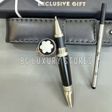 MONTBLANC Black Rollerball Pen Silver Tone Trim w/ Leather Pouch Refill & Box picture