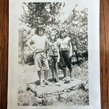 c 1940s girls friends blow bubbles bubble gum hand pump well peddle pusher pants picture