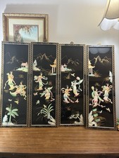 4 Vintage Oriental Mother of Pearl Women Inlaid Black Lacquer Wall Panels 36” picture
