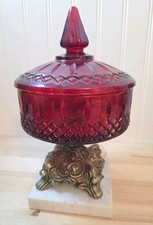 Indiana Glass Red Glass Compote Brass Pedestal Marble Base Hollywood Regency 70s picture