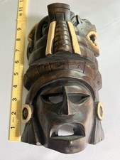 Vintage Mexican Carved Wood Mask Aztec Mayan Warrior Two Tone Wall Decor 11