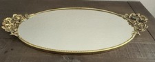 Vintage Gold Gilt Rose Floral Oval Mirrored Vanity Tray Hollywood Regency 21” picture
