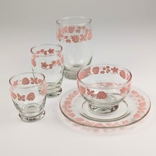ANCHOR HOCKING Hostess Delight Sherbet Plate 3 Glasses Pink Gooseberry 1950 Vtg picture
