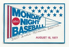 1977 Monday Night Baseball on ABC press pass card picture