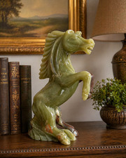Vintage Green Onyx Horse Figurine Carved Stone Rearing Stallion Sculpture Decor picture