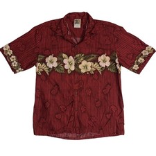 Winnie Fashion Men's XL Red Stripe Hibiscus Hawaiian Shirt Cotton Summer Hawaii picture