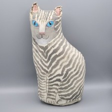 Cat Folk Art Primative Hand Painted fabric Grey Striped Tabby Kitty  picture