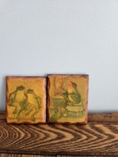 2 Vtg Burnt Wood Frogs Bathroom Wall Plaques 4x3.5