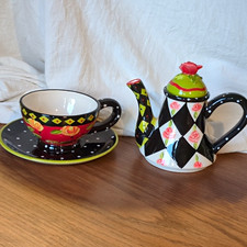 Vntg. Joyce Shelton Tea Party Teapot Cup Saucer Set Giftcraft Whimsical Ceramic  picture