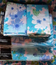 Vtg Burlington House Blue Mod Flower Floral Twin Sheet Set Flat Fitted 2 Plw Cs picture