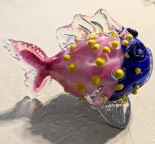 Vintage Murano Glass Fish - Pink & Blue, Yellow Spots, Milliefiori Eyes (7x5 in) picture