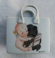 Vtg Hand Painted Porcelain Trinket Box Kewpie Black Cat Ghost Stories Halloween picture