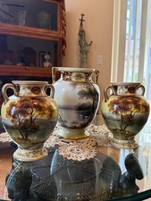 Antique Noritake M in Wreath Handpainted 3-Piece Garniture Vase Set Swan Lake Sc picture