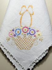 Vintage Embroidered Linen Table Topper Tablecloth Floral Basket - 33