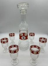 Vintage MCM Diamond Pattern Glass Decanter With Nine Glasses Made In Italy picture