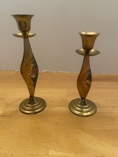 Vtg. Brass Spiral Twisted Candlesticks, Set Of 2 picture
