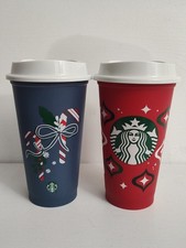 Starbucks Christmas Cups Set of 2 Reusable Red Blue 16oz Hot Coffee Holiday 2023 picture