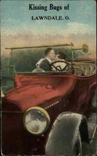 Lawndale OH Kissing Bugs Couple Kissing in Classic Car c1910 Vintage Postcard picture