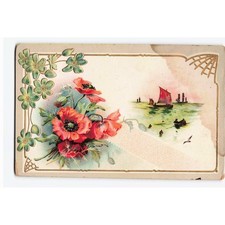 Antique 1911 Embossed Card Red Poppies Sailboats Nautical Floral Ephemera picture