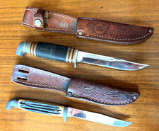 2 Vtg Queen USA Bird & Trout Sportsman Knives & Sheaths,  #74 & #84 picture