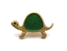 Vintage Turtle Pin Brooch Green Glitter Enamel Shell Gold Tone Metal Jeweled Eye picture
