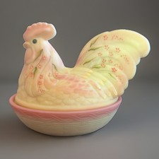 Fenton Hand Painted Custard Satin Uranium Glass Rooster Covered Dish B. Williams picture