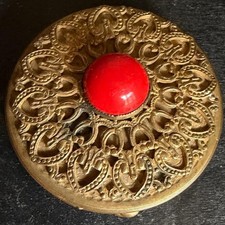 Vintage Gold Filigree Powder Compact with Red Cabochon Mirror Vanity Case picture