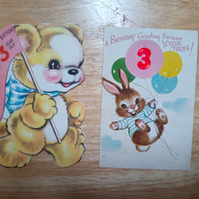 Two Adorable Vintage 3 Year Old Birthday Cards Bear Bunny picture