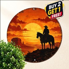 Western Cowboy Sunset Ride Weatherproof Circular Waterproof Metal Sign picture