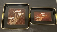 Vintage Mid Century Lacquerware Serving Set Black Floral Trays w Handles MCM picture