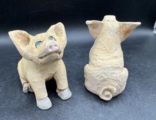 Vintage Folk Art Hand Carved Wooden Pig Figurines Basswood Signed TR 2pc Set  picture