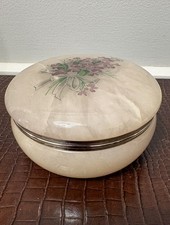 Vintage Alabaster hinged Trinket Box with Purple Floral Motif picture