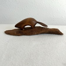 Beaver Carving Handcrafted Figurine on Bark Wood Natural Vintage Sculpture picture