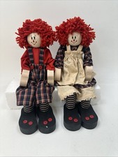 VTG Raggedy Ann & Andy Wooden Shelf Sitter Dolls Pair Handmade Country Folk Art picture