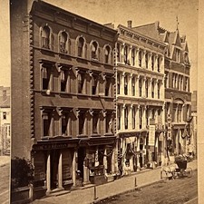Antique Stereoview Card Milan P Warner 1878 Springfield MA Horse Buggy Street picture