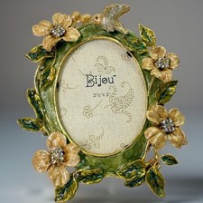 Bijou Enameled Metal & Genuine Crystals Picture Frame Floral Bird Decor 2.5”x3” picture