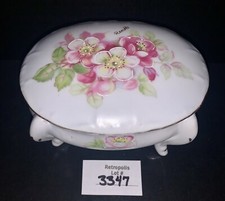 Hand Painted White Floral Footed Ceramic Trinket Box Signed Vintage picture