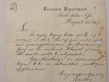 1877 antique CHARLES MYERS LETTER arrears pay PHILA PA TREASURY DEPARTMENT tabor picture