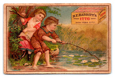 1870S-80S LOVELY KIDS LILLY POND FISHING BABBITT'S 1776 SOAP TRADE CARD picture