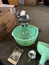 Vintage Sunbeam Mixmaster Stand Mixer w/ Jadeite Uranium Juicer, grinder & Bowl picture