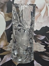 American Brilliant Cut 8” Daisy & Leaf Cylinder Vase Sawtooth Edge picture