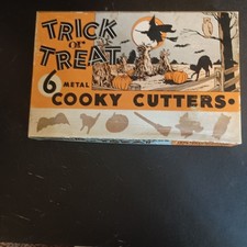Vintage 1960's Halloween 6 Metal Cooky Trick or Treat Cookie Cutters in Box picture
